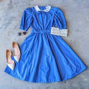 Vintage Blue White Peter Pan Collar Short Sleeve Belted Fit and Flare Dress